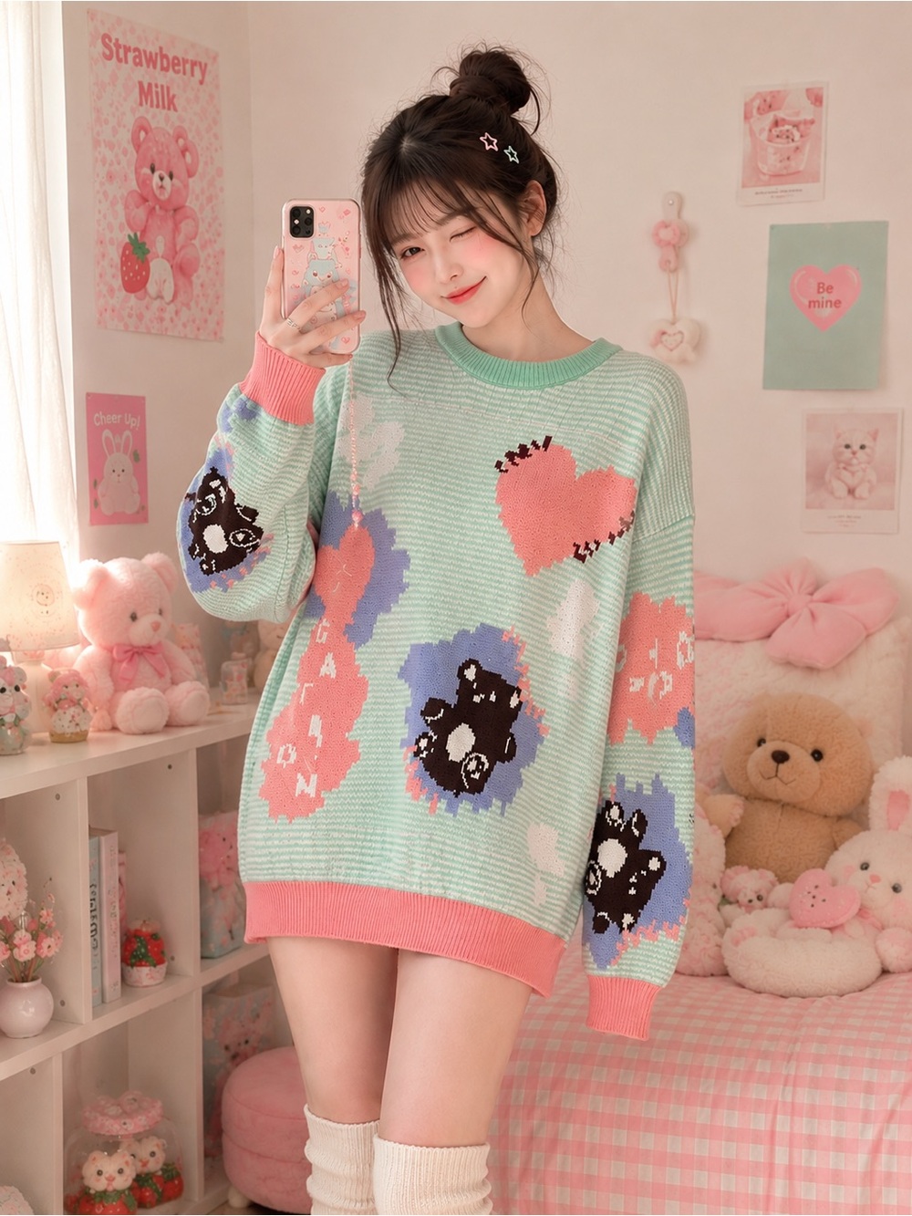 Kawaii Style Pixel Bear Doodle Teddy Oversized Graphic Sweater ONE OF A KIND OF